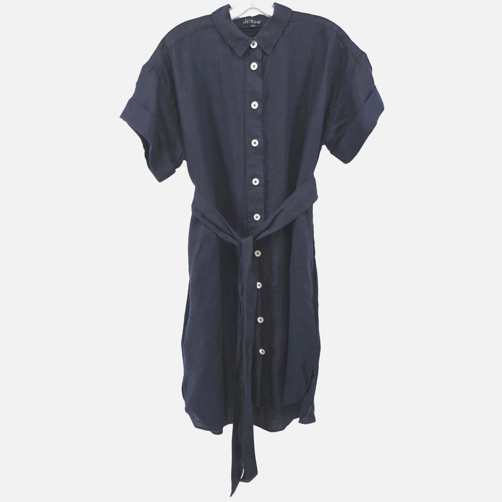 J.Crew Navy Blue Linen Short Sleeve Button Down Shirt Dress with Beltr S